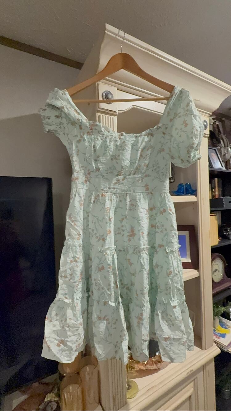 MINE Floral Puff Sleeve Tiered Mini Dress M Mint Green Cottagecore